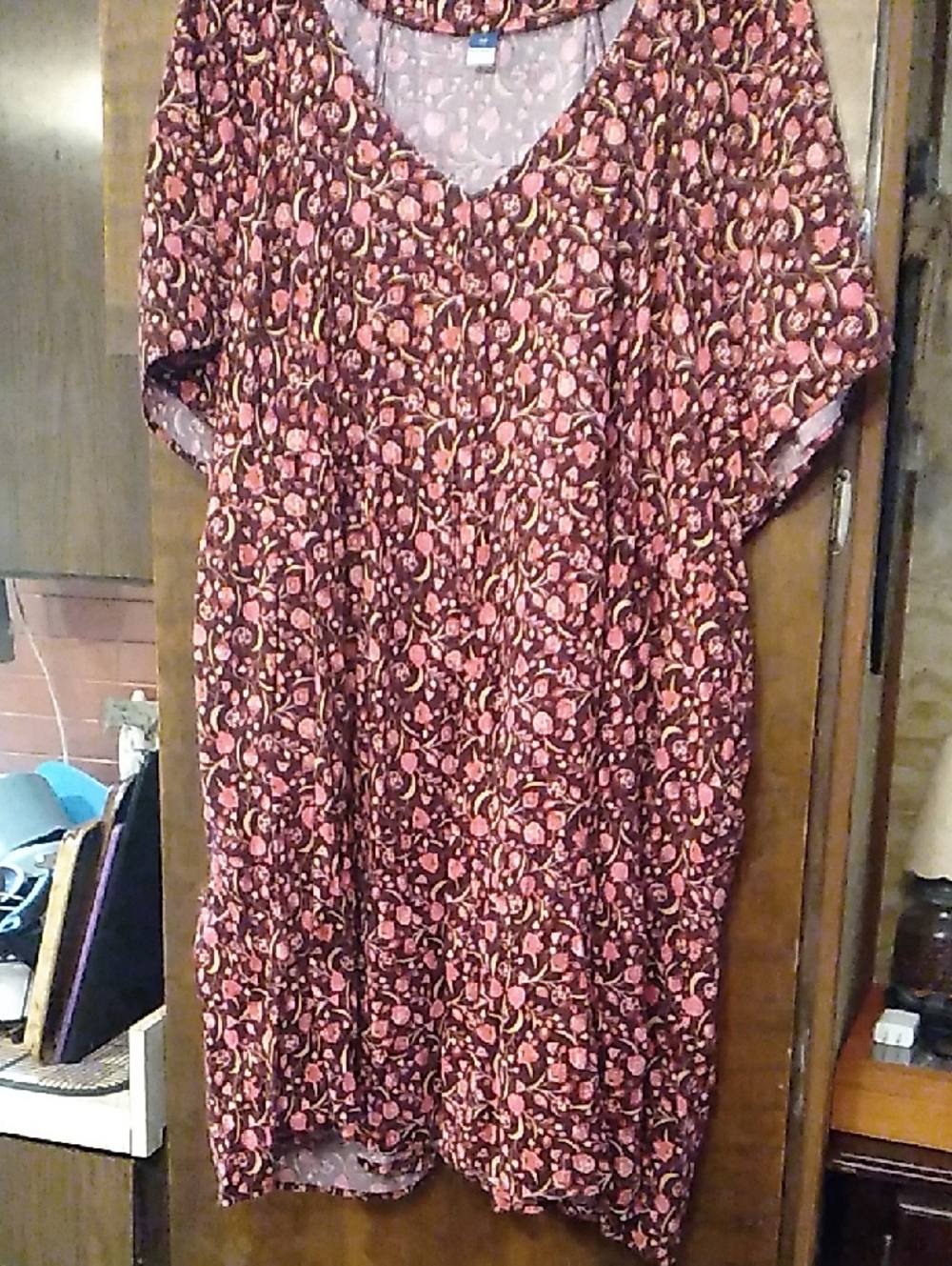 Old Navy Burgundy and Pink Floral V-Neck Dress